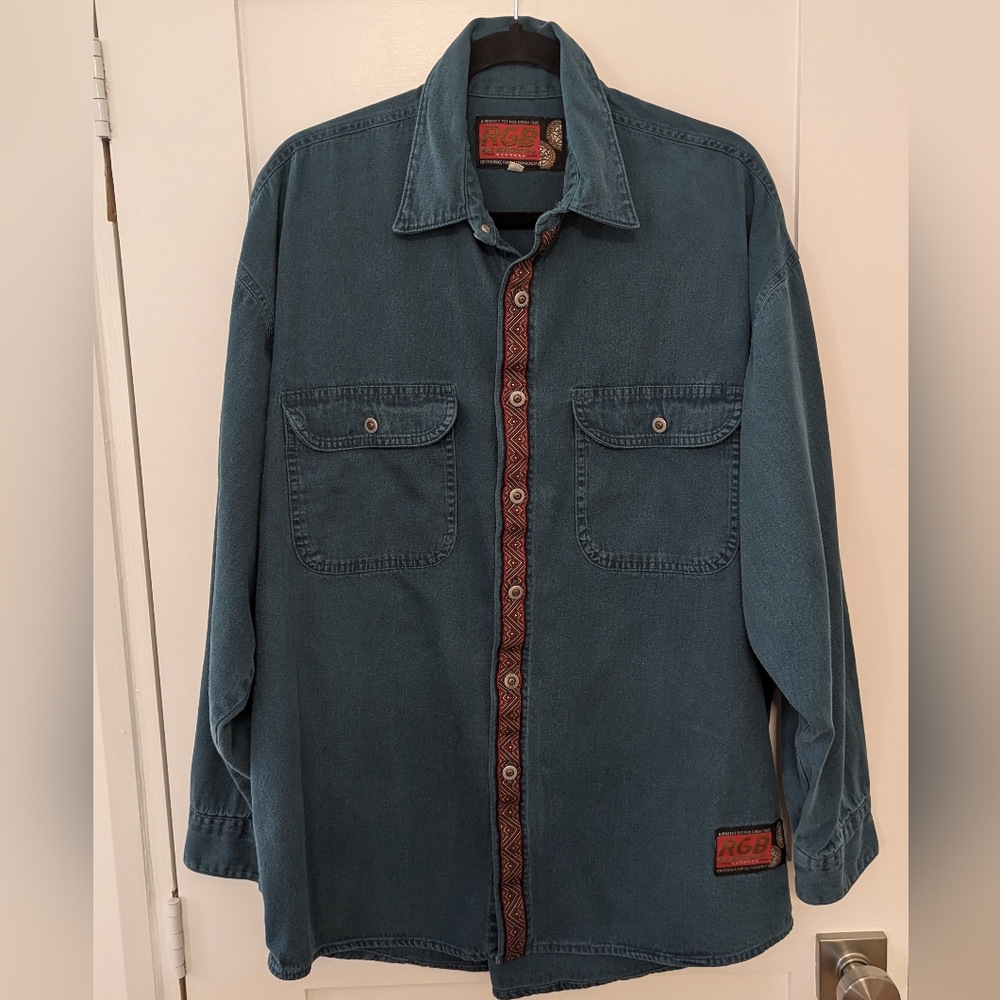RGB Browns Trade Mark Vintage Teal Denim & Aztec Print Button Up